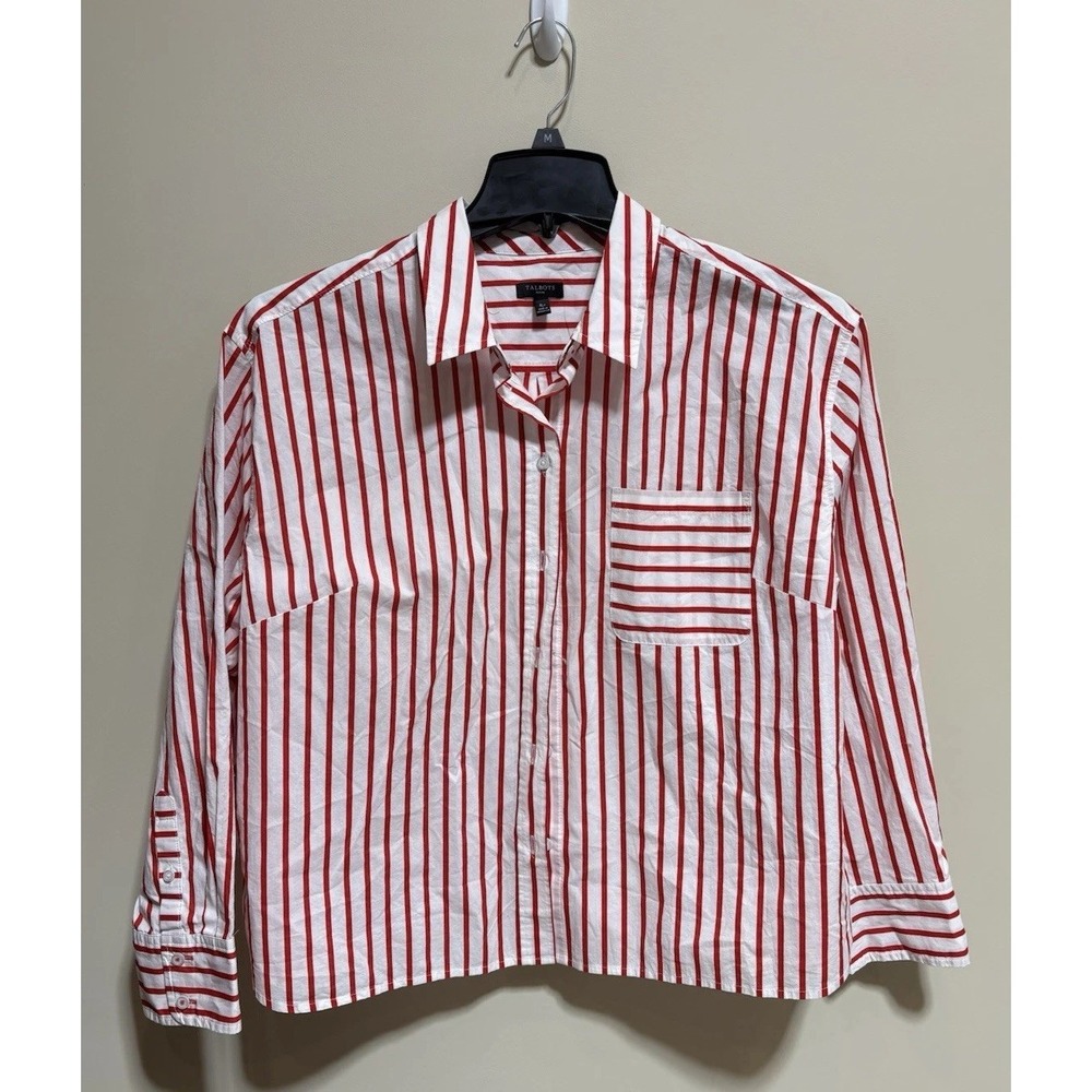Talbots Petite XLP Red White Striped Button-Up Shirt 100% Cotton Long Sleeve